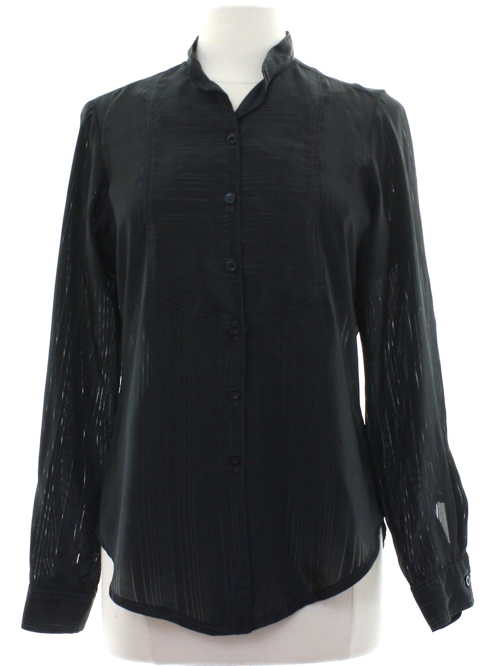 Vintage 80s Donito Italy Black Sheer Blouse Band Collar Button Front Women's S